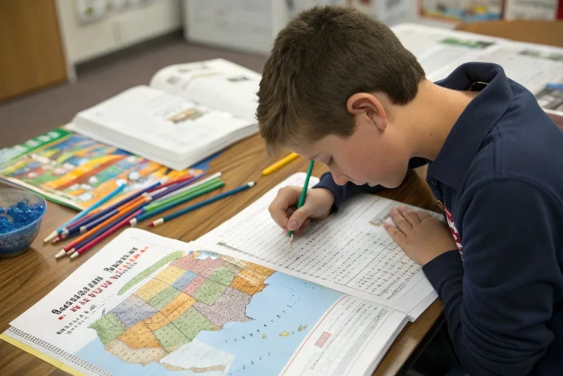 Student at desk working on 50 states worksheet with colored pencils, reference map, and atlas book spread out