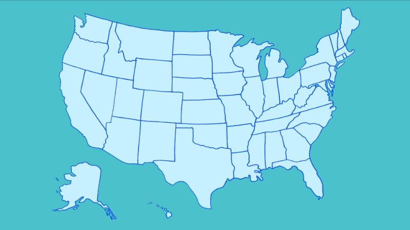 Sample worksheet page showing detailed United States map with state boundaries, accompanied by data chart with state information