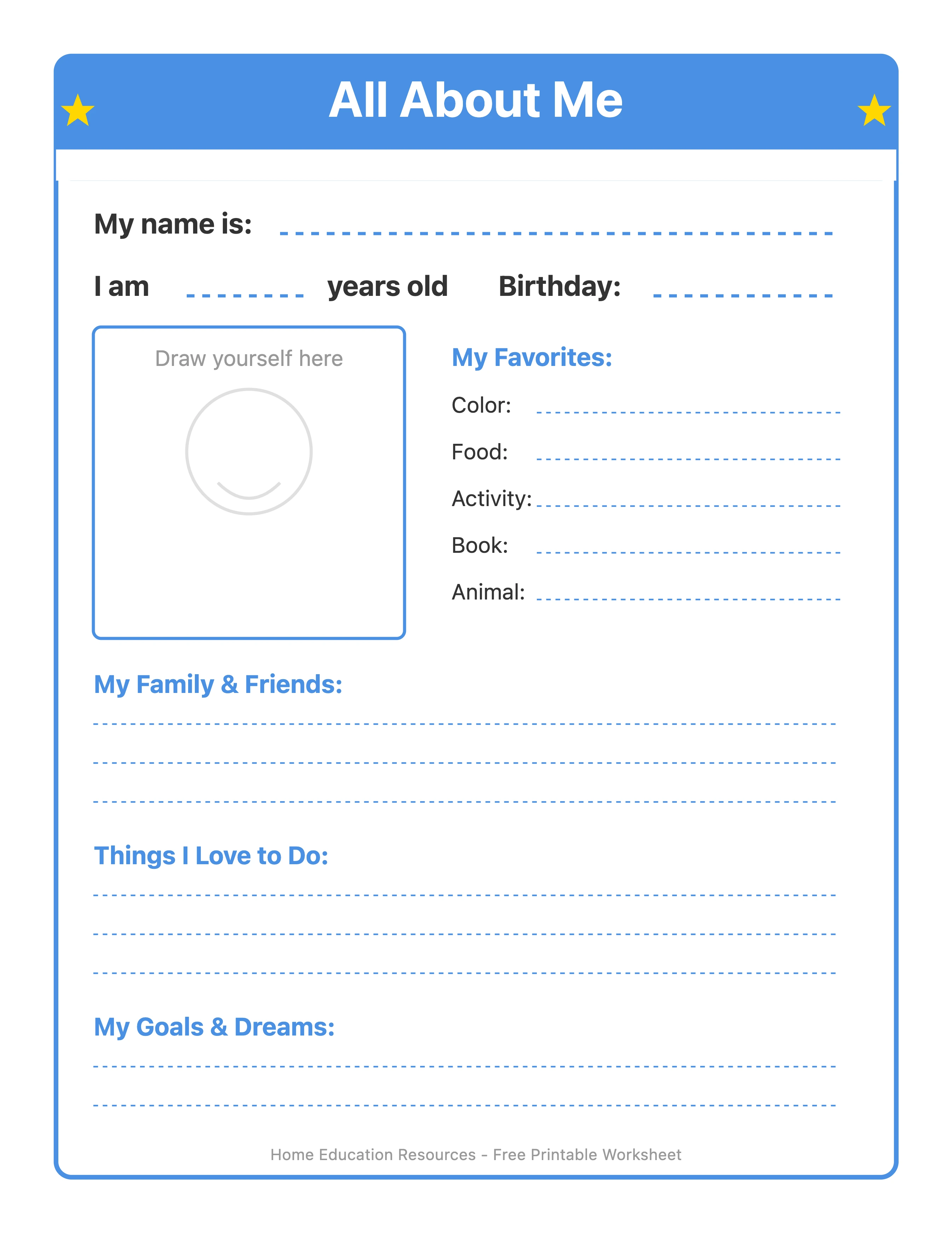 Preview of printable all about me worksheet template with sections for name, age, favorites, and self-portrait