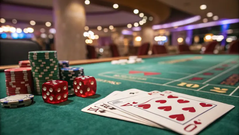 Casino dice, playing cards, and poker chips arranged on a gaming table