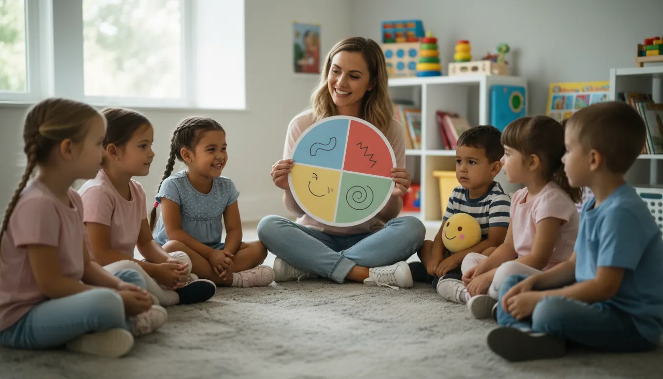 Children participating in a group circle activity learning about emotions together
