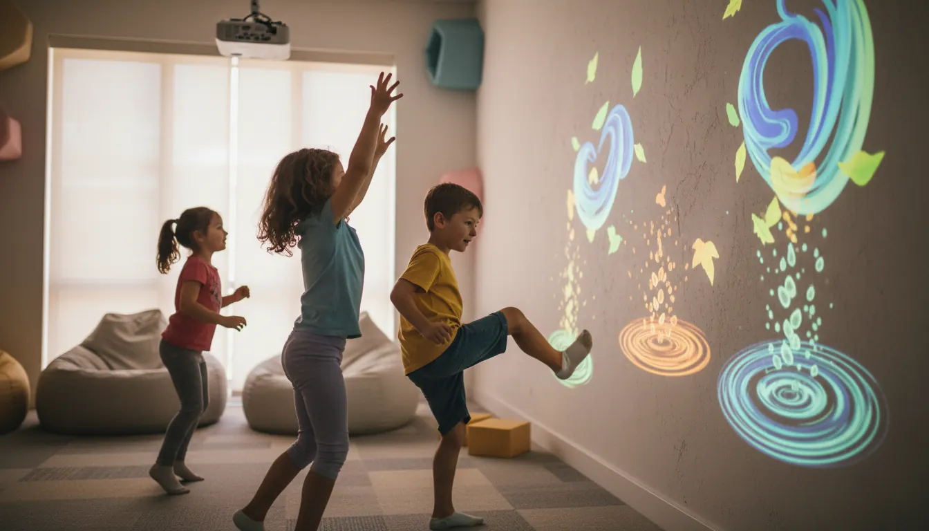 Children engaged with interactive wall projector games showing full body movement and spatial interaction