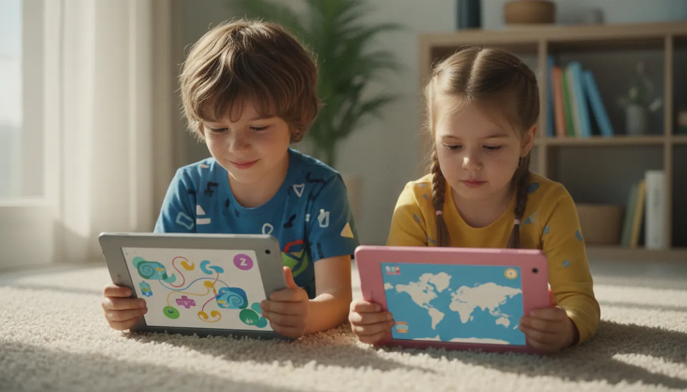 Two children sitting together engaged with educational apps on their tablet devices