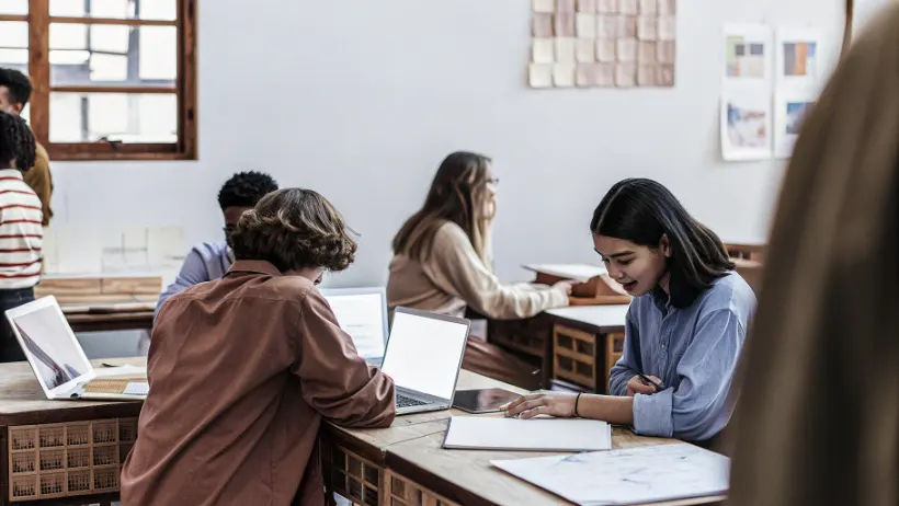 Elementary students gathered around an interactive smartboard displaying a science simulation with molecules and chemical reactions while teacher guides their exploration
