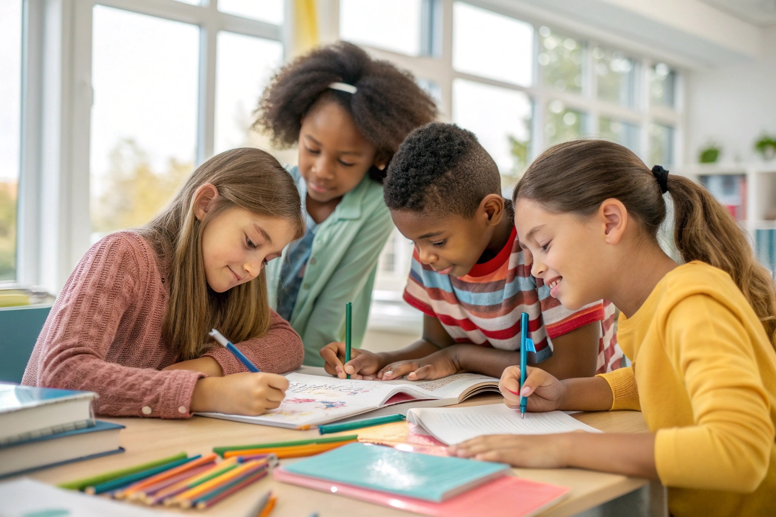 diverse children engaged in collaborative learning at a bright classroom table with educational materials