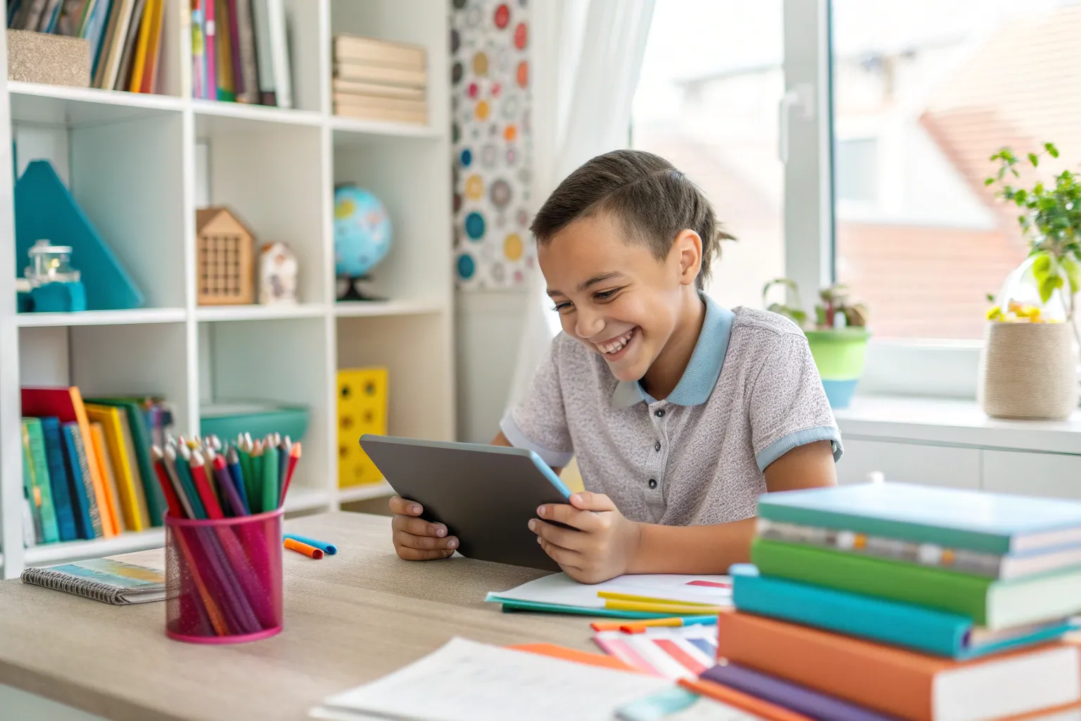 Young student smiling while using a tablet computer for educational games in a bright, organized homeschool learning space with books and colorful supplies