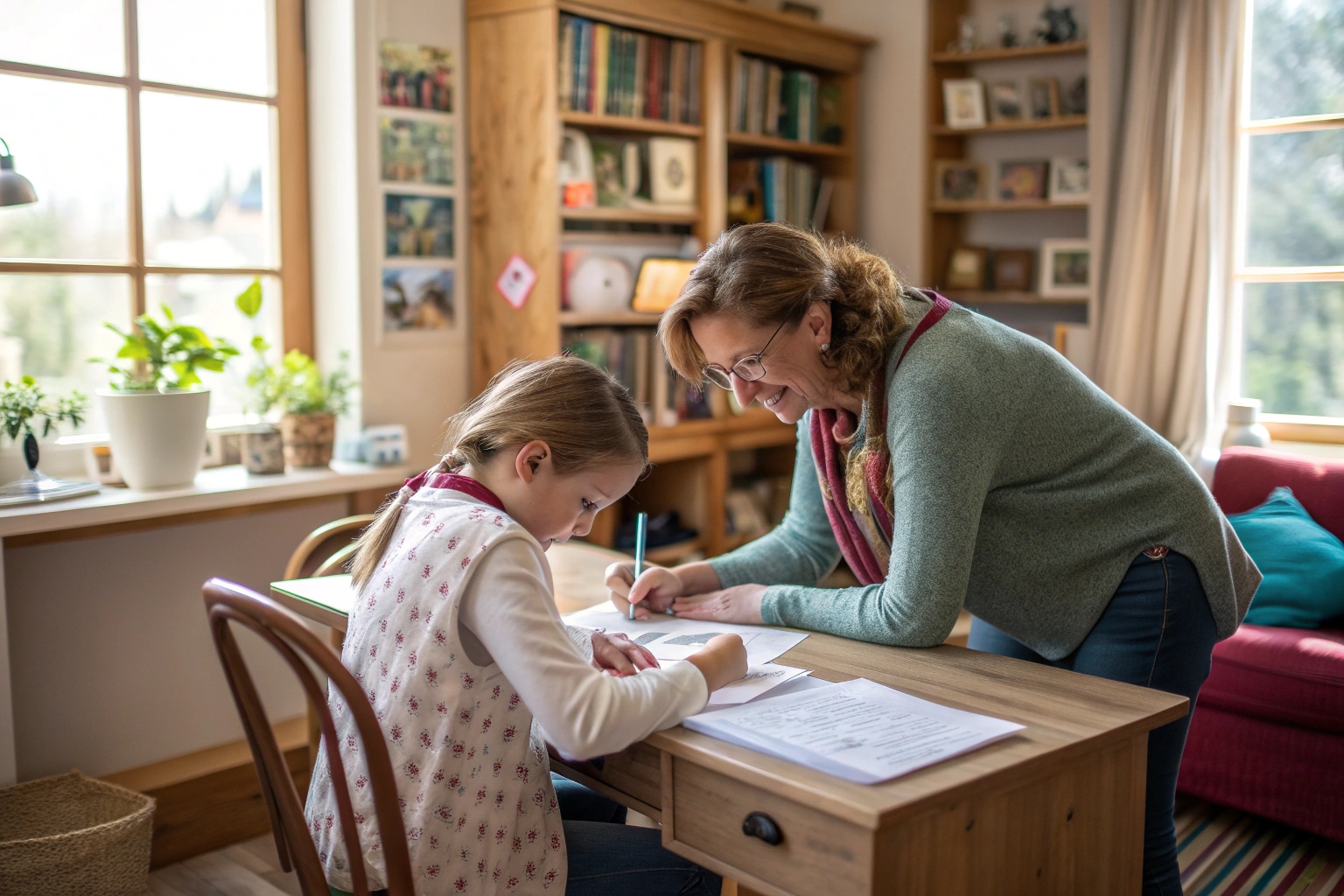 Photorealistic image of teacher helping young student with worksheet in a warm, sunlit homeschool environment