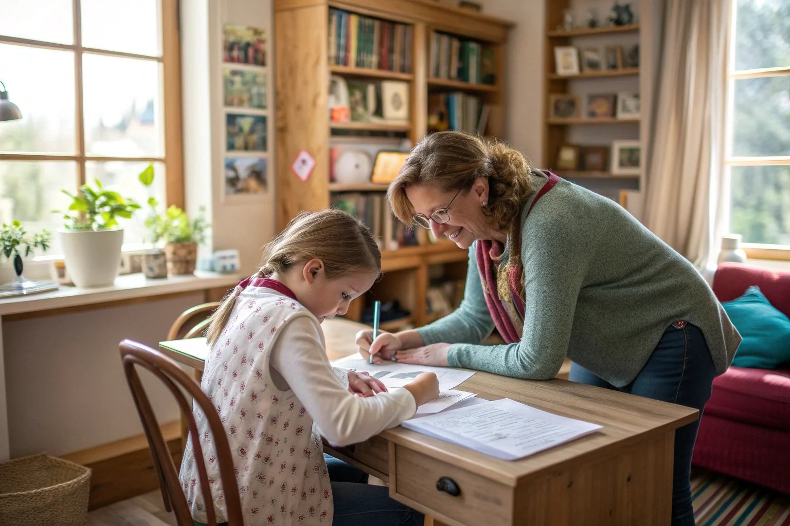 Caring teacher with warm smile sitting beside elementary student at wooden table, both looking at a colorful worksheet together in a bright, sunlit homeschool room with educational posters