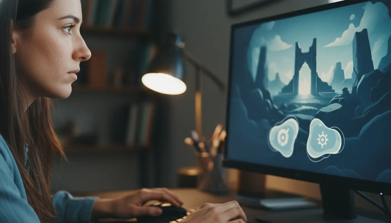 Person engaged in playing interactive storytelling games on computer screen with decision choices displayed