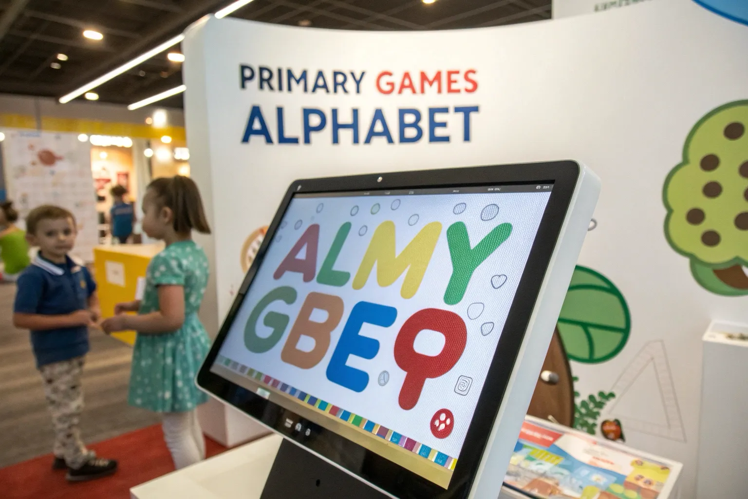 Colorful Primary Games Alphabet Fun screen showing cartoon animals and large, friendly letters with interactive buttons