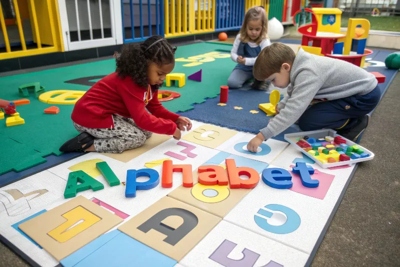 Preschool child pointing at computer screen showing colorful alphabet game with parent watching supportively nearby