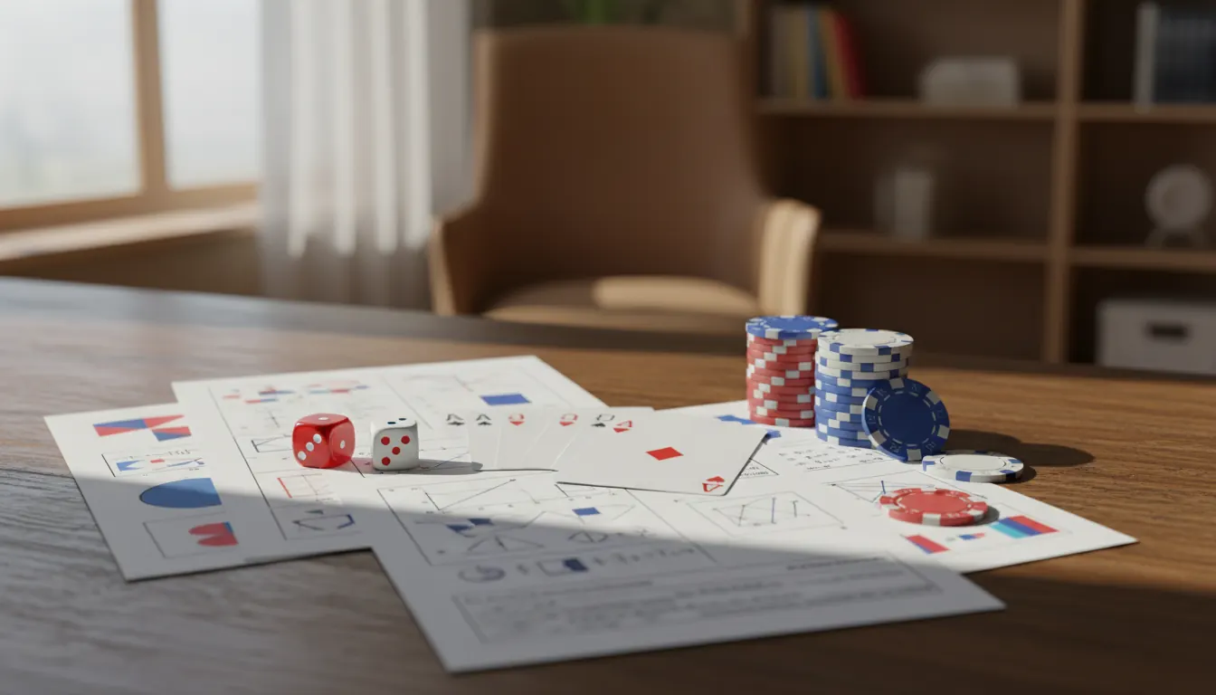 Educational probability worksheets spread on a desk with dice, playing cards, and casino chips illustrating mathematical odds concepts