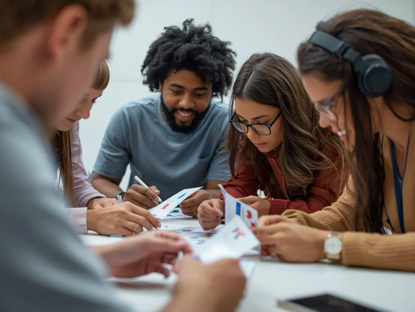 Teenage student wearing headphones while studying Spanish on laptop with SpanishDict website, taking notes in notebook