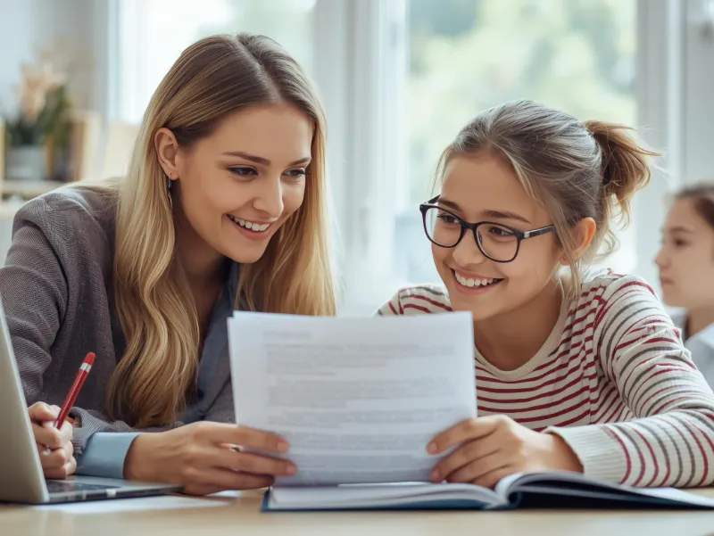 Teacher reviewing student's completed creative story written using Story Starters prompt, both smiling with accomplishment