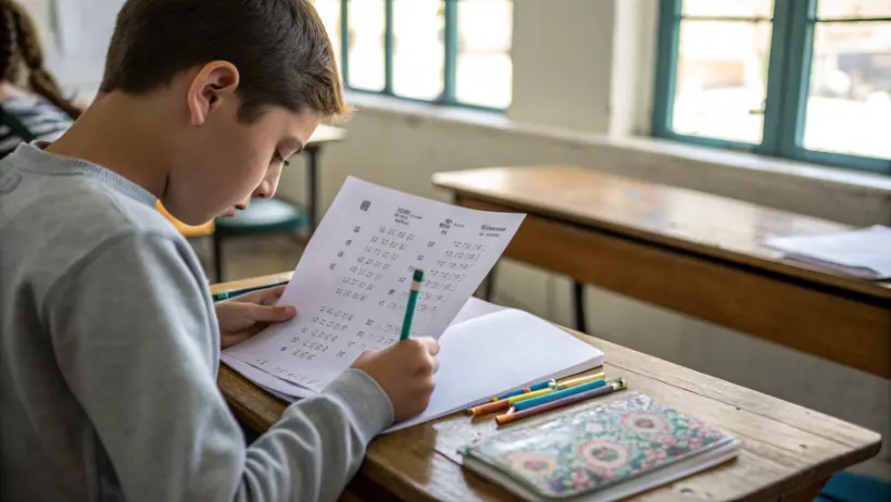 Student comparing their worksheet solutions with an answer key at a wooden desk