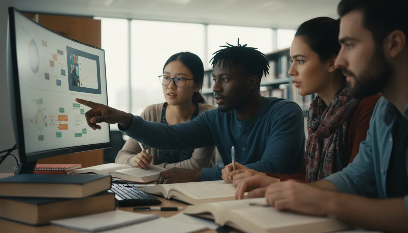 Diverse group of students working together around computer screen with open textbooks