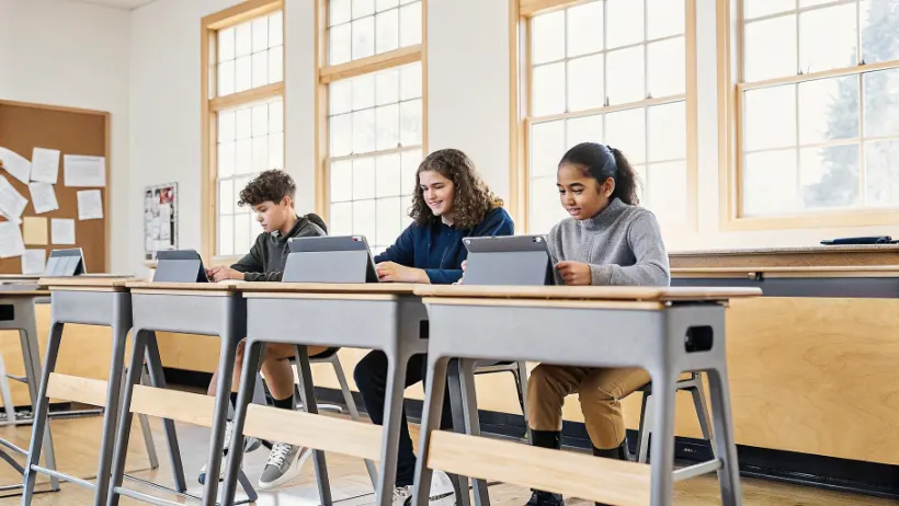Students working together with tablets in modern classroom environment