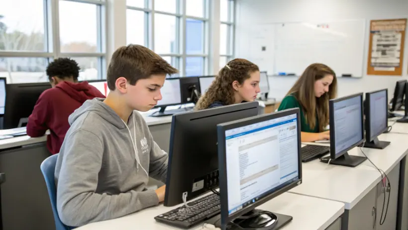 High school students working independently on desktop computers with different educational software programs showing personalized learning paths and progress tracking