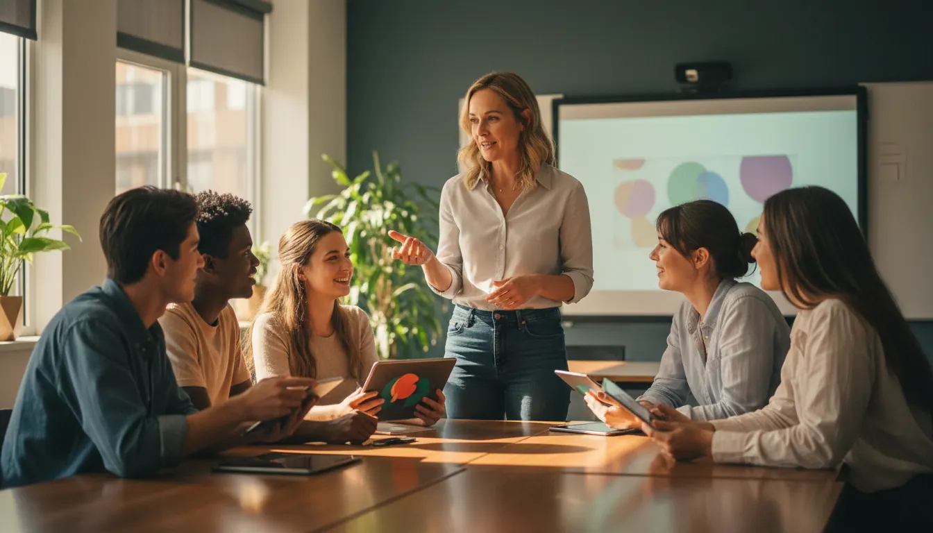 Teacher facilitating an interactive group discussion with engaged students in a modern classroom setting