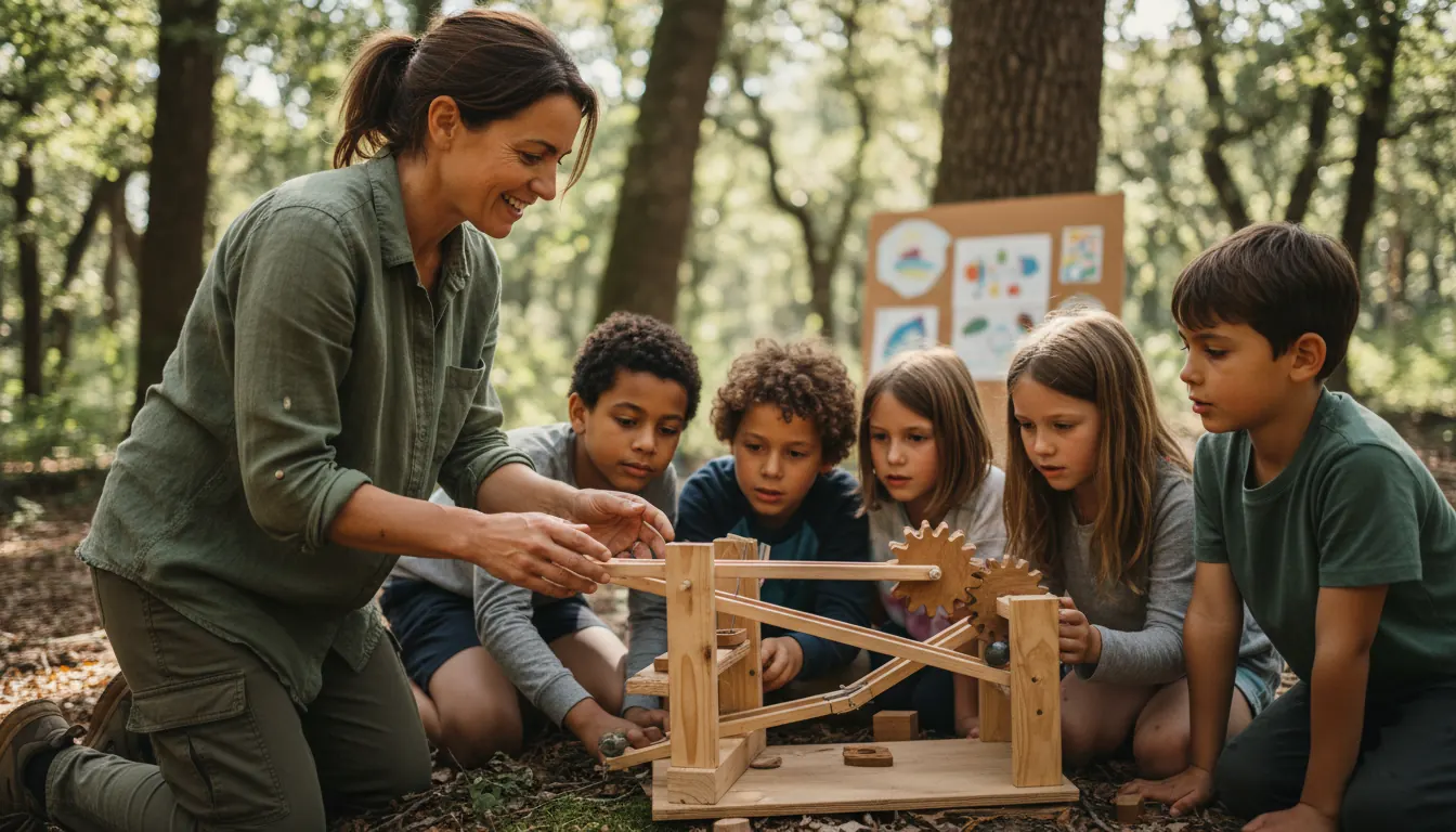 Teacher facilitating outdoor group learning activity with students working on hands-on problem solving