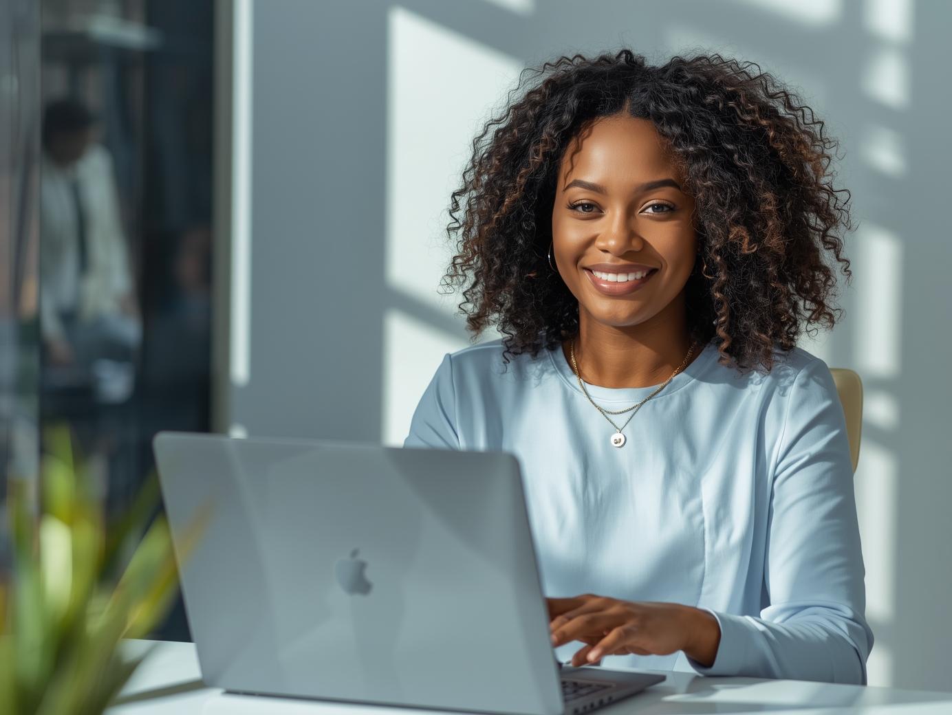 confident woman with laptop in modern office with natural lighting